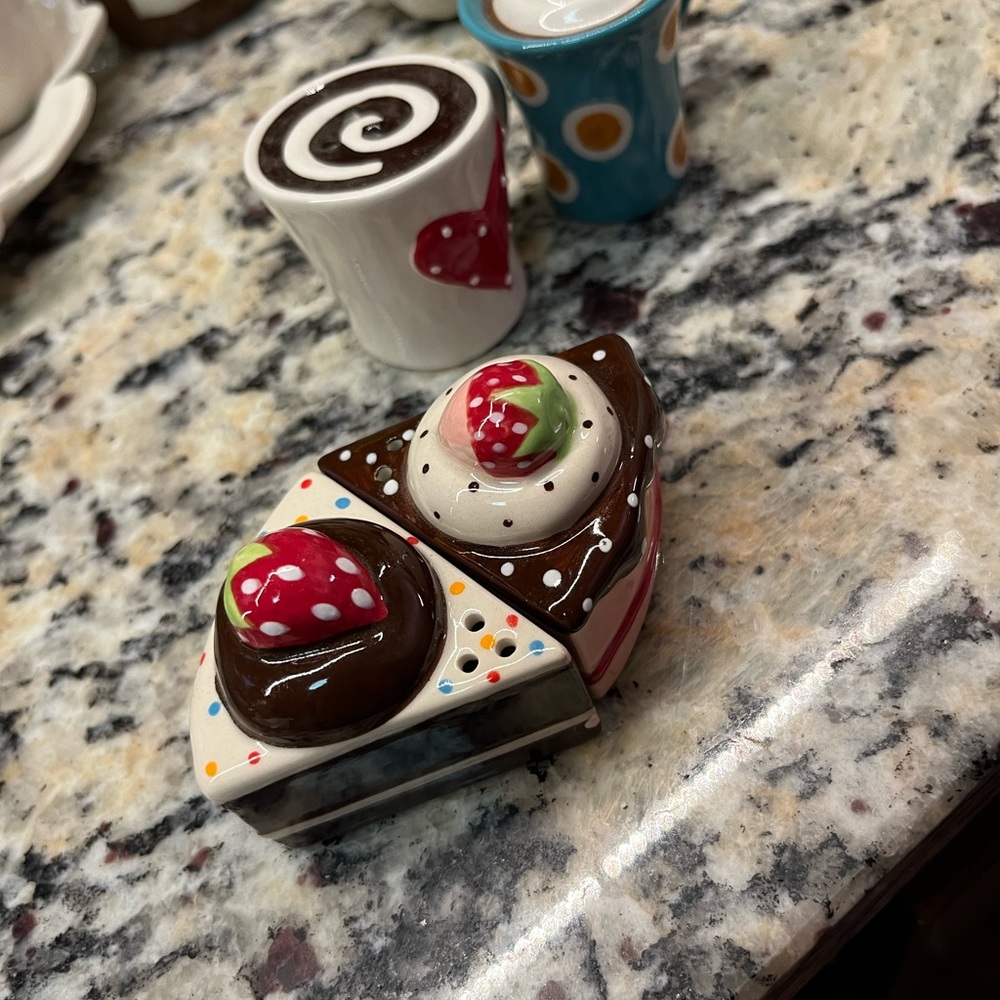 Two sets of salt and pepper, shakers, pie and mugs